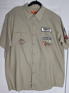 Red Kap Work Shirt XL Biker Bar Route 84 Poopy’s Graphic Button Up